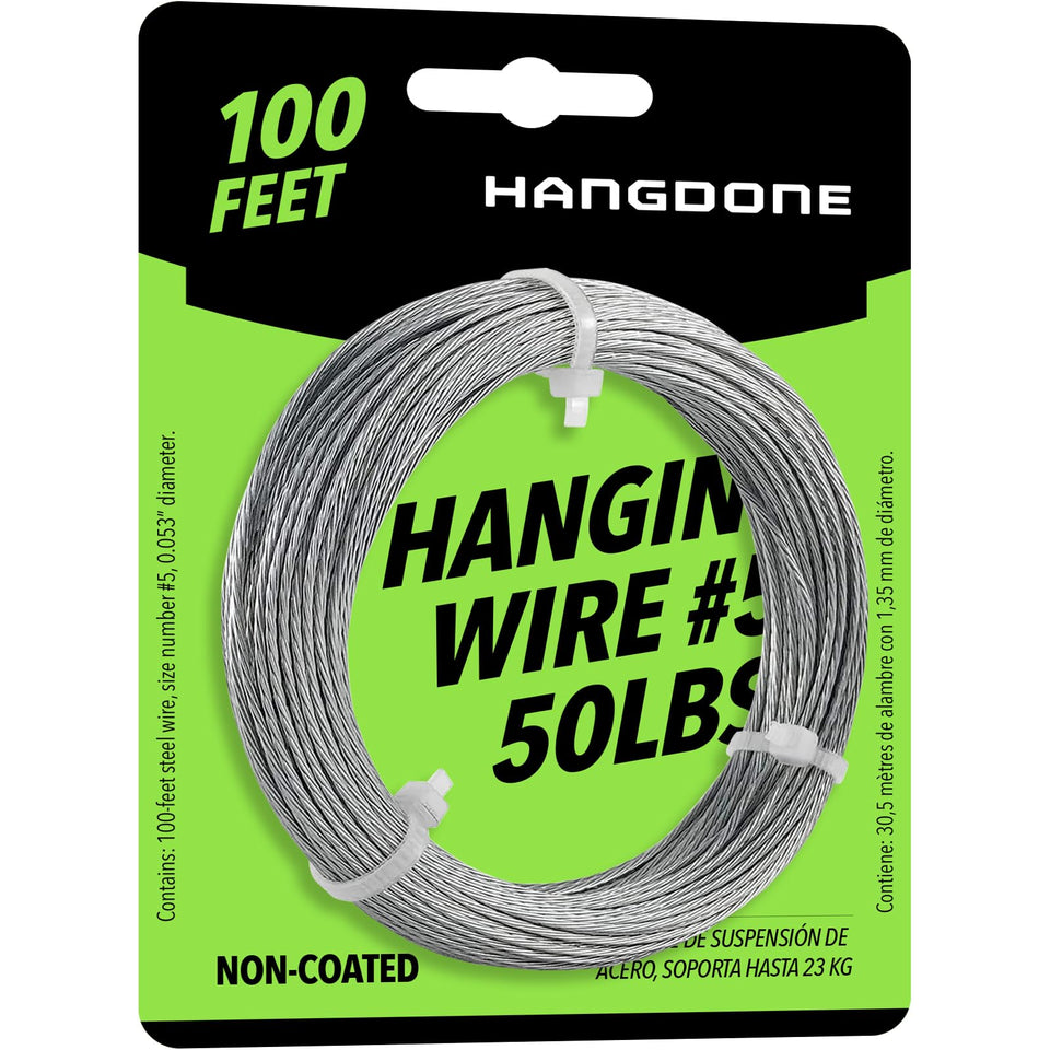 HangDone hanging wire with 50lbs capacity shown on a 100ft spool for frames.