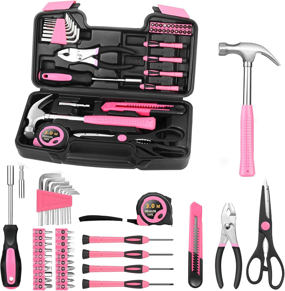 HANGYING 39-piece pink tool set case-open shows organized storage for quick projects.