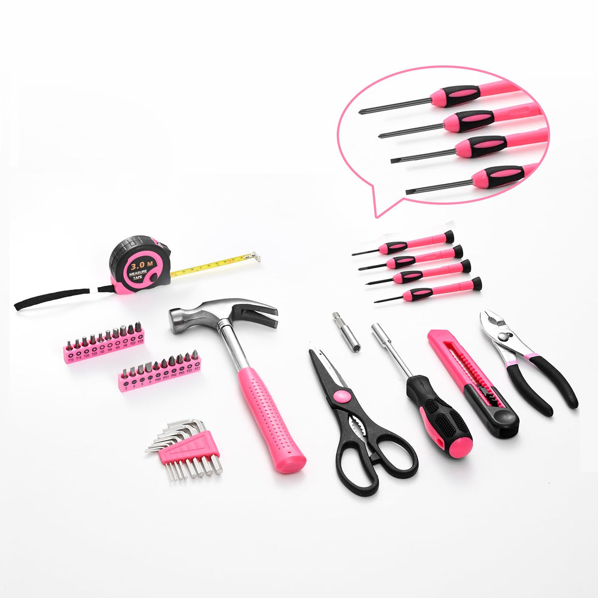 HANGYING pink-tool-set-tools-inside highlights essential everyday tools for home repairs.