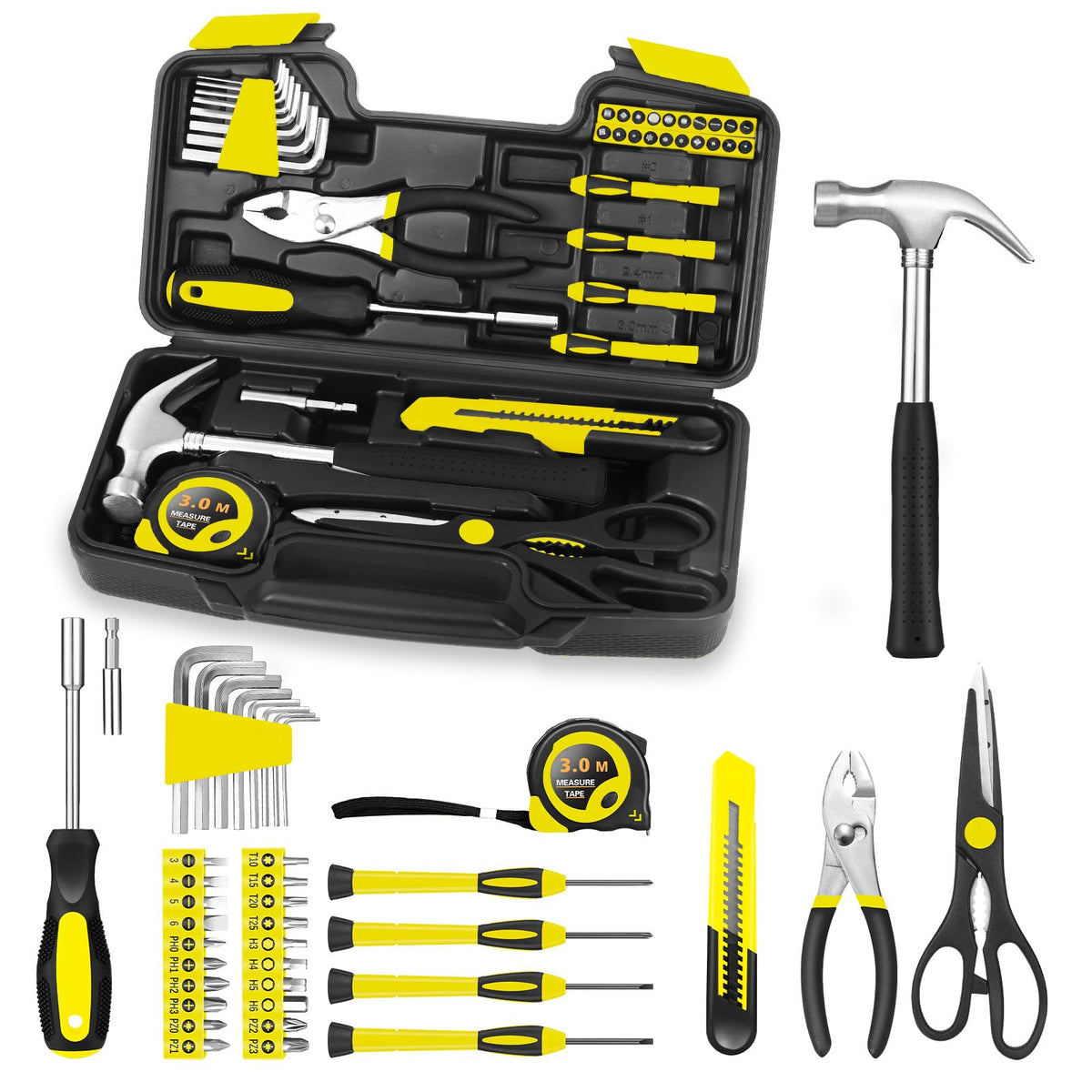 HANGYING 39-piece tool set in yellow case for quick home repairs.