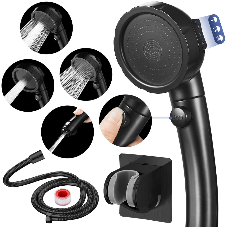 Hanlian pause button shower head enables one-handed water control during showers.