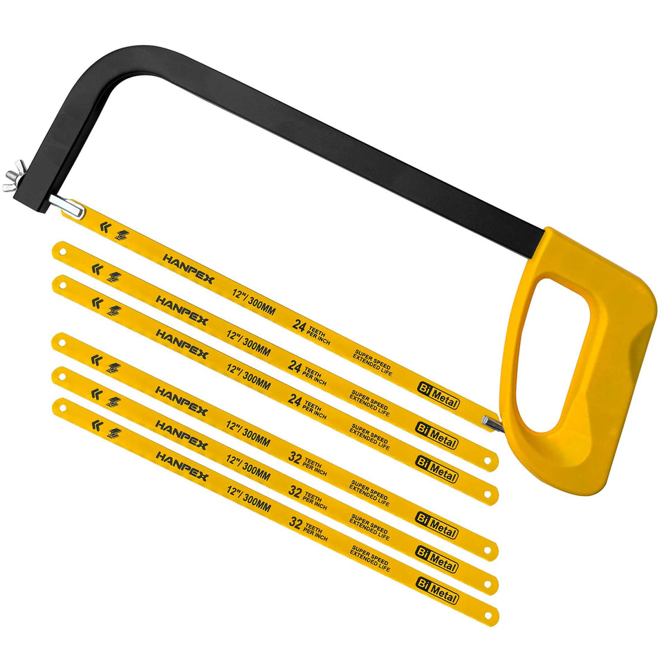 Hanpex hacksaw frame 12in with blades for precise metal cutting.
