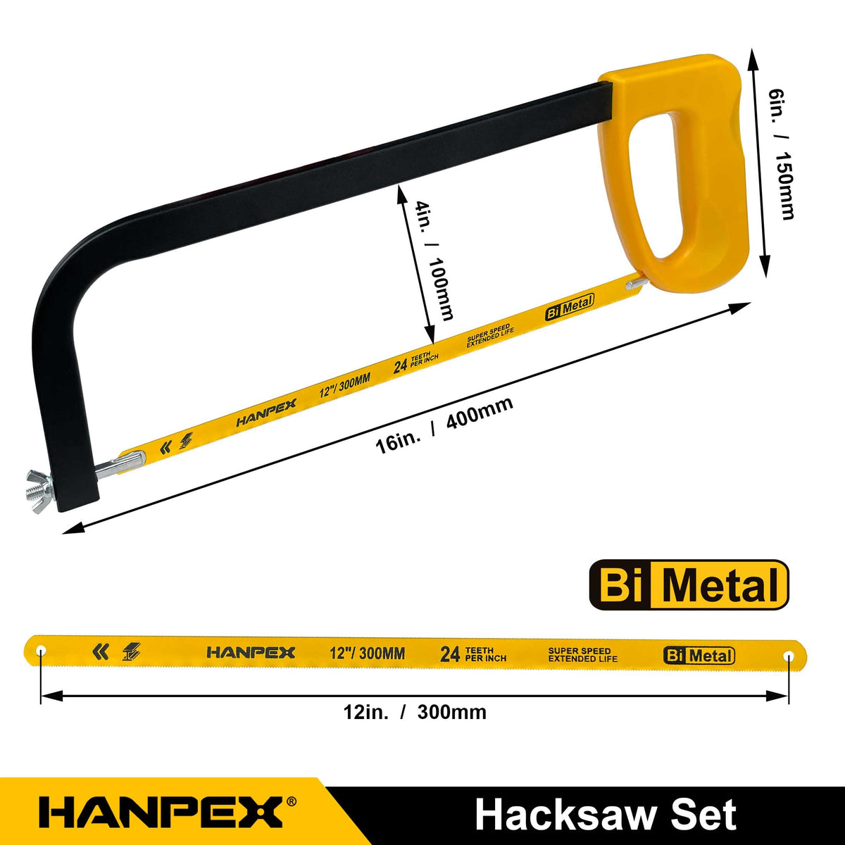 Hanpex packaging shows frame and six blades for ready-to-use projects.