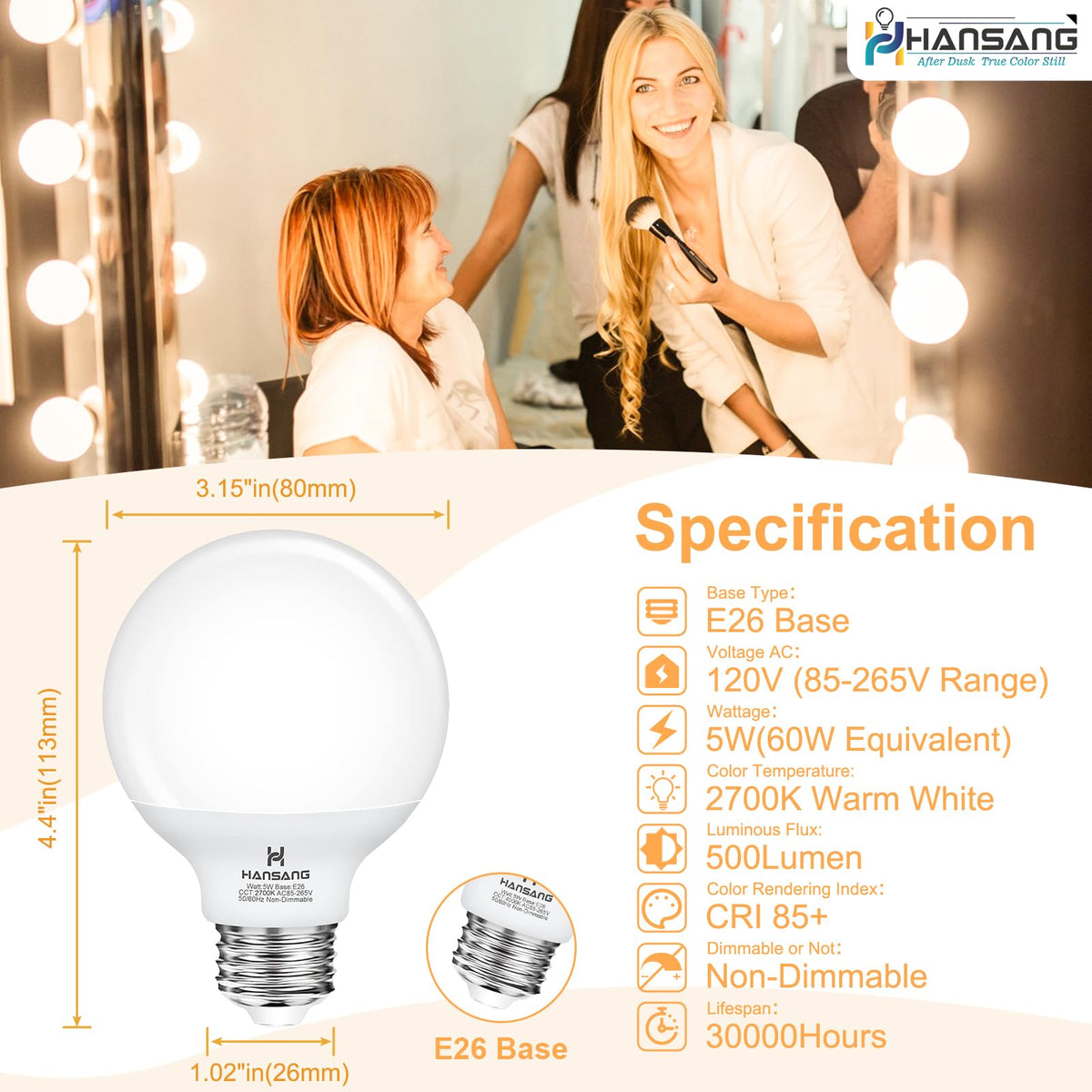 Hansang G25 globe bulb provides even lighting for precise vanity mirror tasks