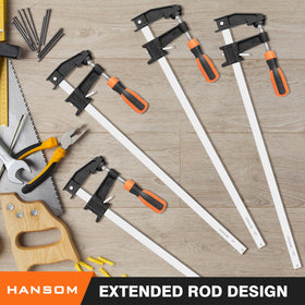 HANSOM bar clamps securing pieces on a workbench while gluing