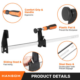 HANSOM ergonomic rubber handle reduces slipping during long clamping sessions