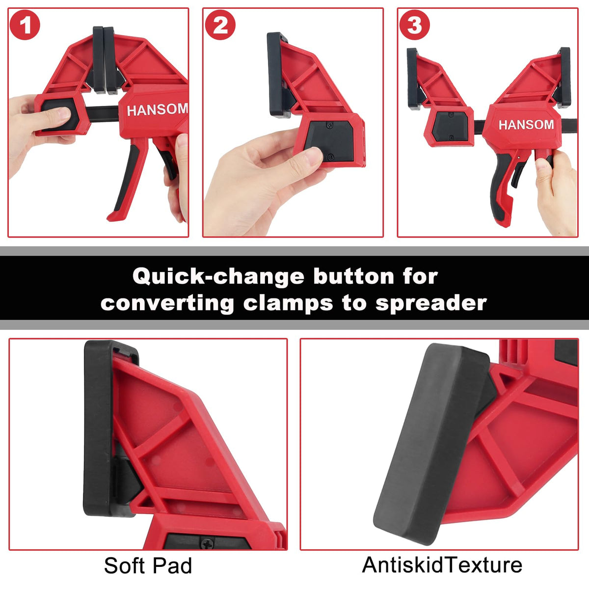 HANSOM quick-change button clamps switch between clamping and spreading tasks.