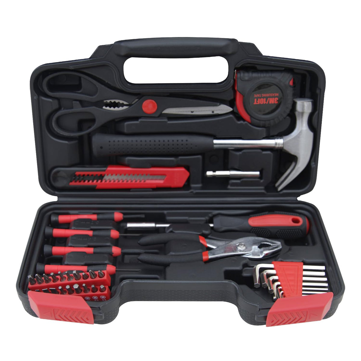 Hantinstom 39-piece toolkit in plastic toolbox for organized home repairs.