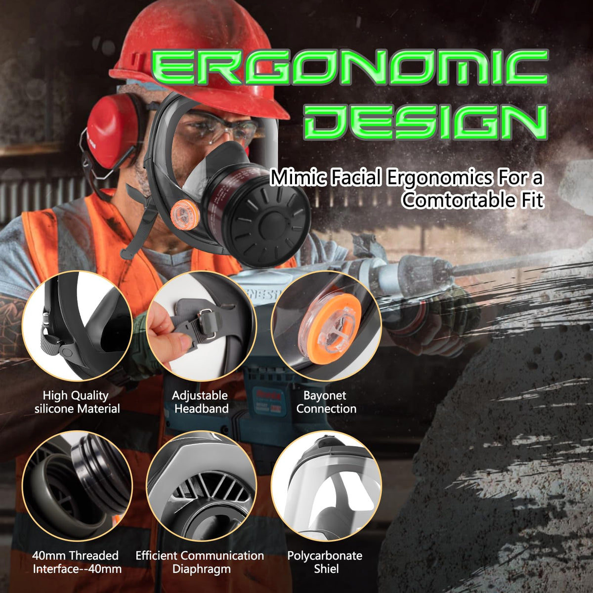 HANUU gas mask showing 40mm filter compatibility for versatile protection