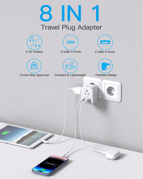 HANYCONY 8-in-1 travel adapter powers multiple devices in Europe.