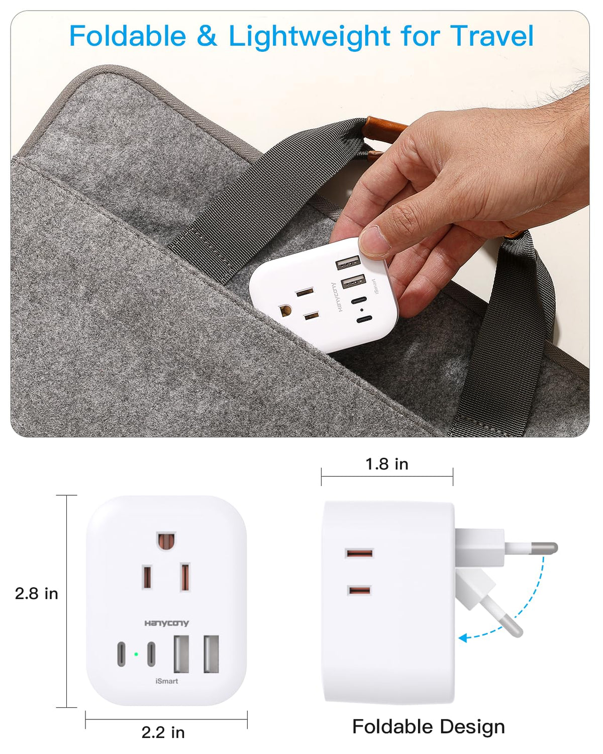 HANYCONY compact travel adapter fits neatly in carry-on bags.