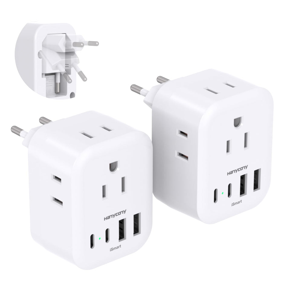 HANYCONY foldable European travel plug adapter saves space in luggage and simplifies packing.