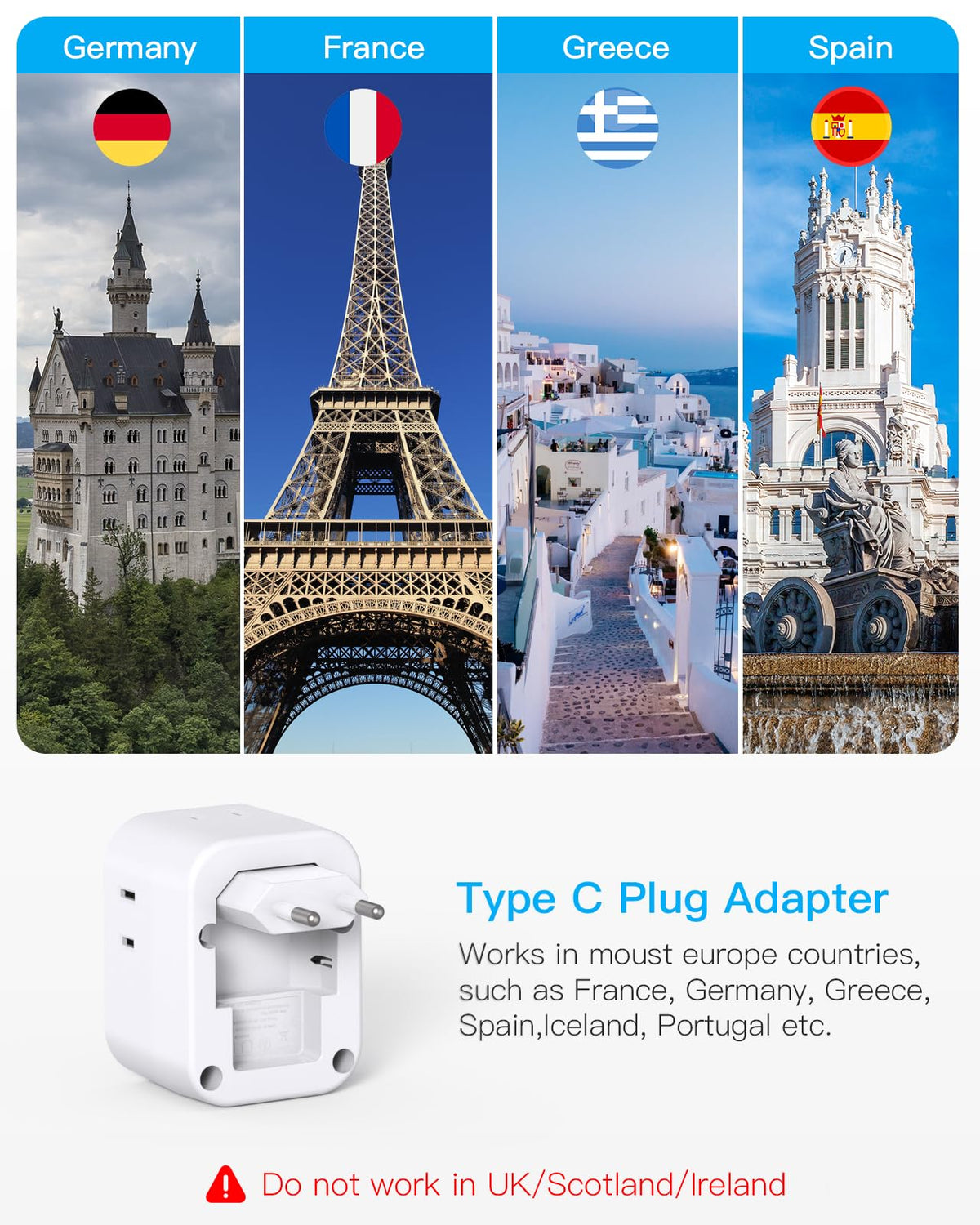 HANYCONY US-to-Europe adapter with four outlets for versatile charging.