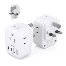 HANYCONY US to UK plug adapter with four outlets and USB ports for travel versatility