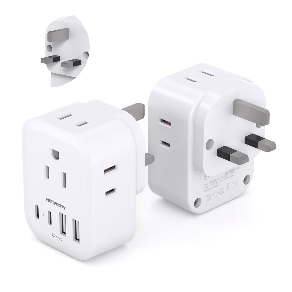 HANYCONY US to UK plug adapter with four outlets and USB ports for travel versatility