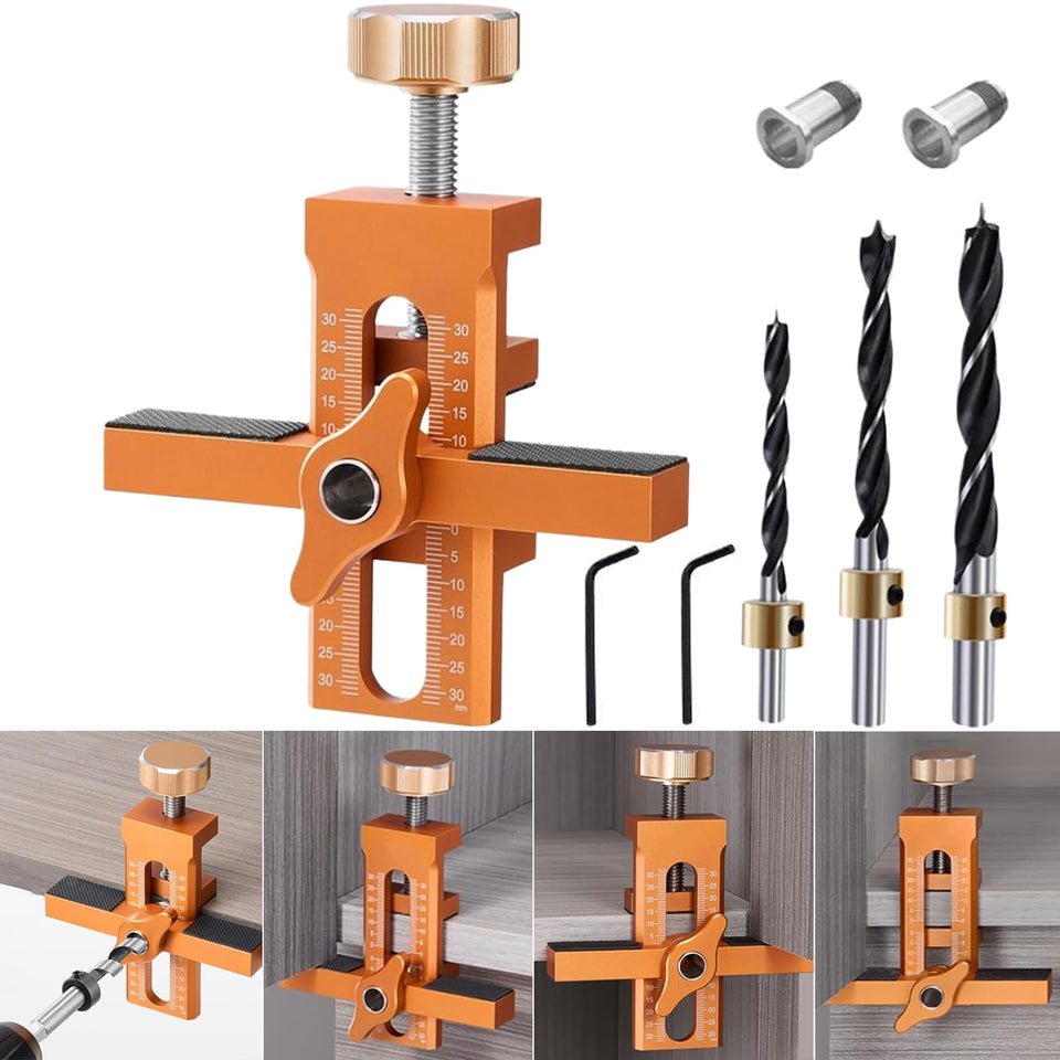 Hanzapor cabinet door installation jig front view confirms precise hinge alignment