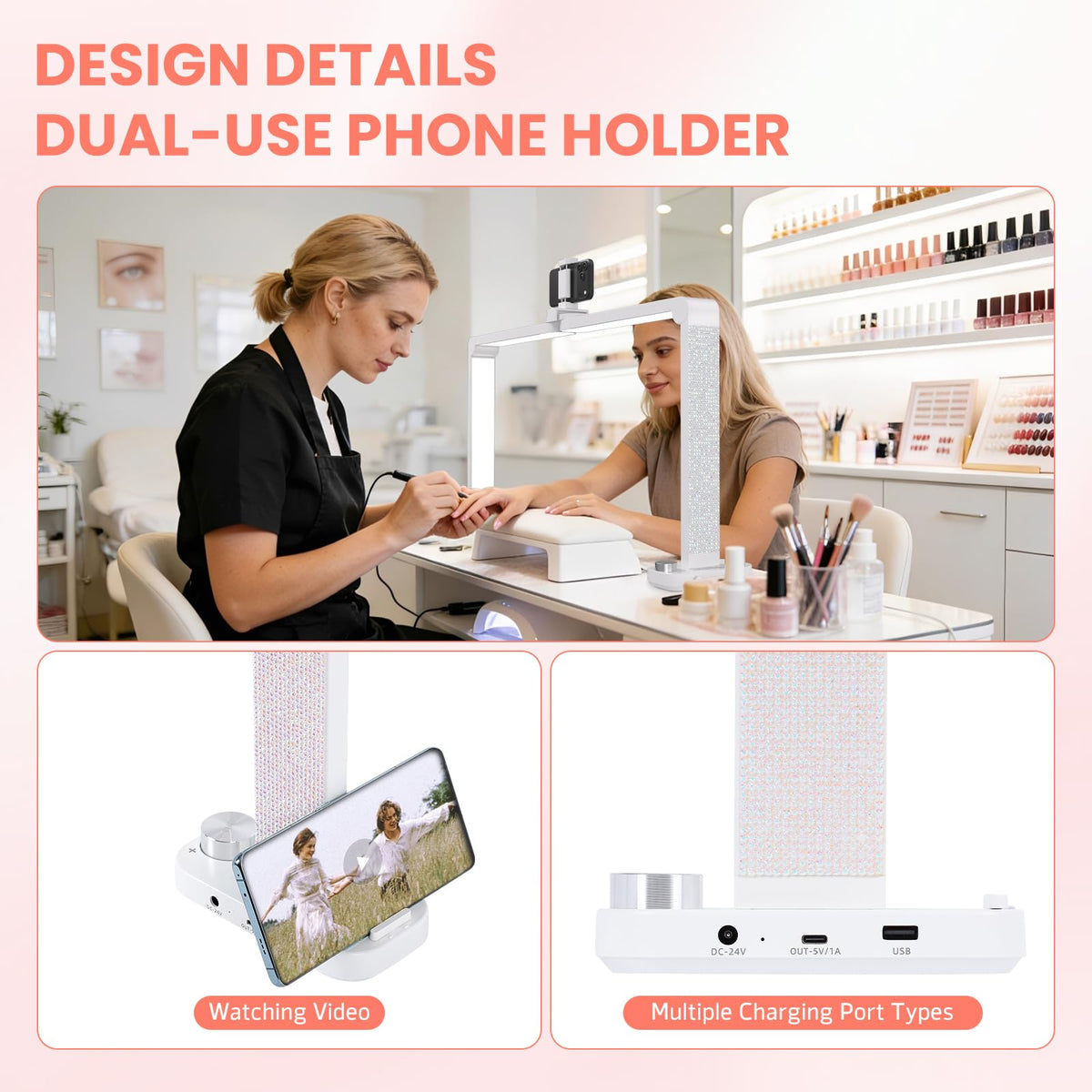 Haosegd Nail lamp with phone holder supports multitasking during sessions