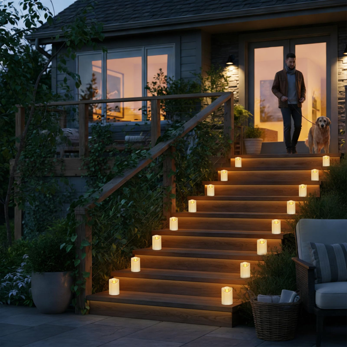Haown six-pack lights illuminate steps and decks with clean, flickering serenity.