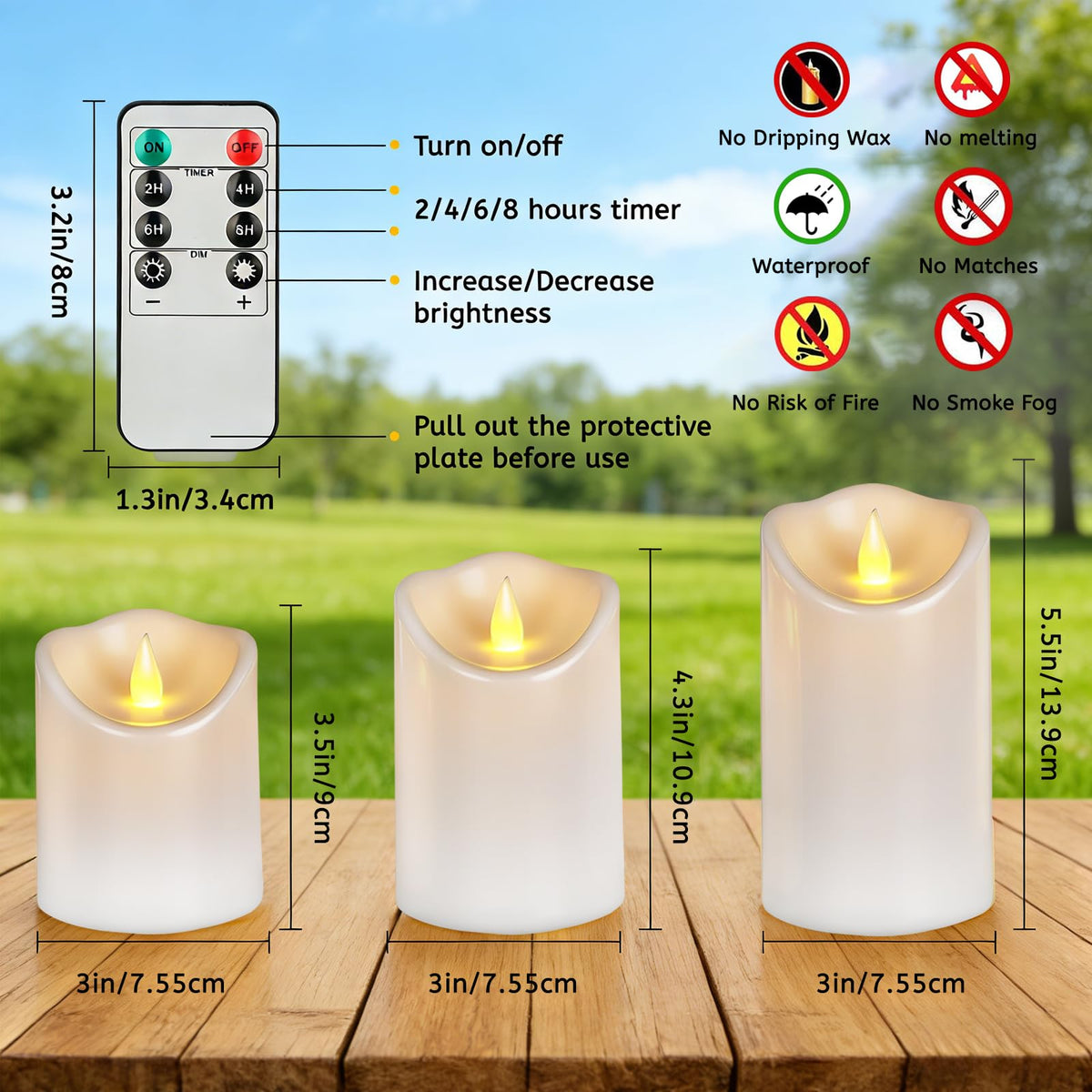 Haown candles with two remotes and timer enable convenient control across stairs and patio.