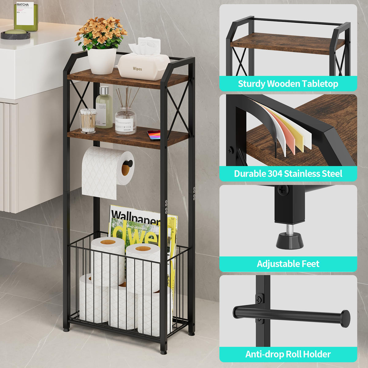 HapiRm 4-tier organizer with large basket keeps towels and supplies neatly within reach.