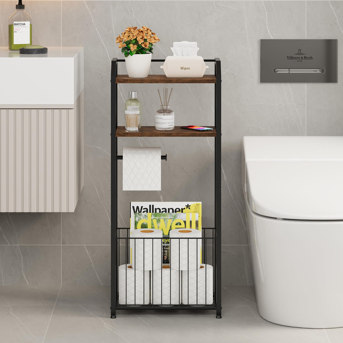 HapiRm wood shelves and deep basket offer versatile storage for bathroom, laundry, or entryways.