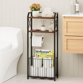 HapiRm freestanding toilet paper holder with wood shelves for easy access and style.
