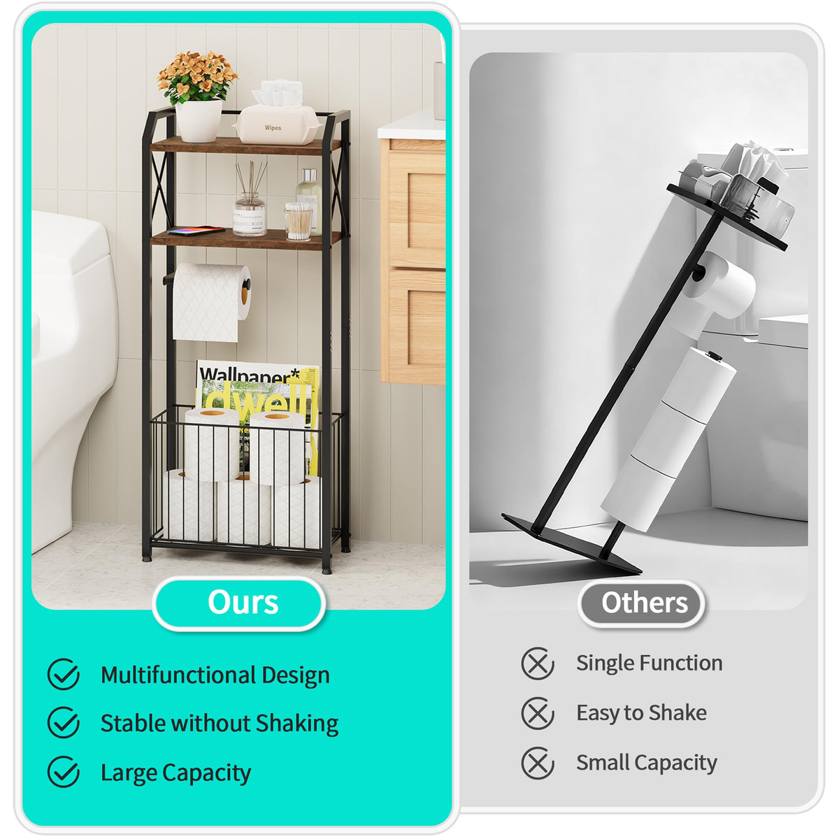 HapiRm space-saving corner-friendly unit fits beside toilets in tight rooms.