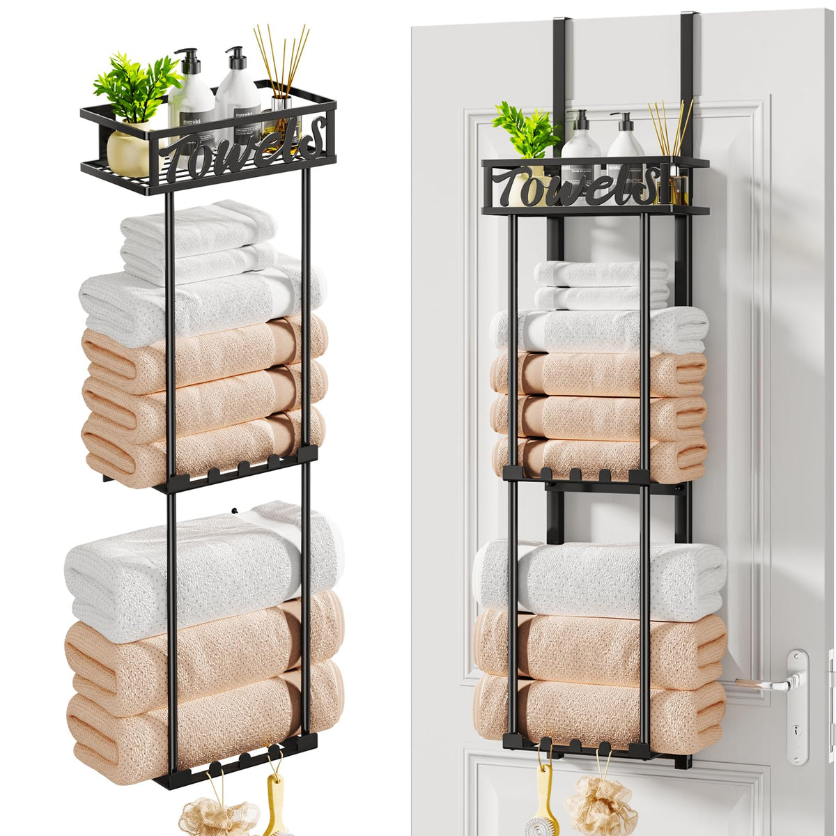 HapiRm Towel Rack over-door 3-tier design keeps towels accessible in small bathrooms