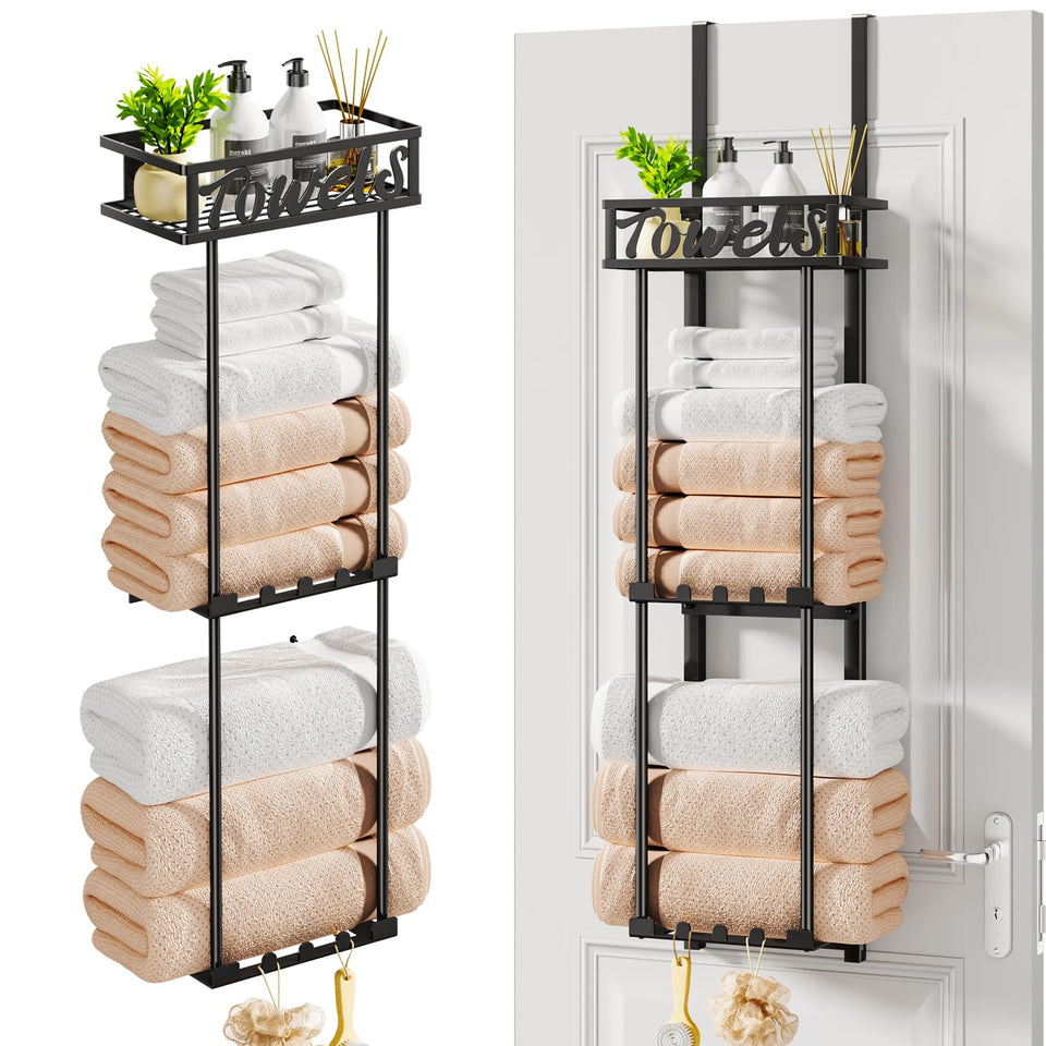 HapiRm Towel Rack over-door 3-tier design keeps towels accessible in small bathrooms