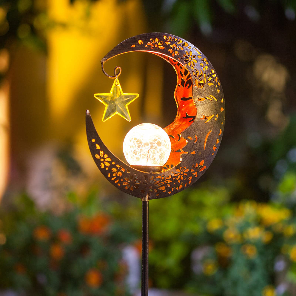 Hapjoy crackle-glass moon lantern bronze globe adds romantic porch glow.