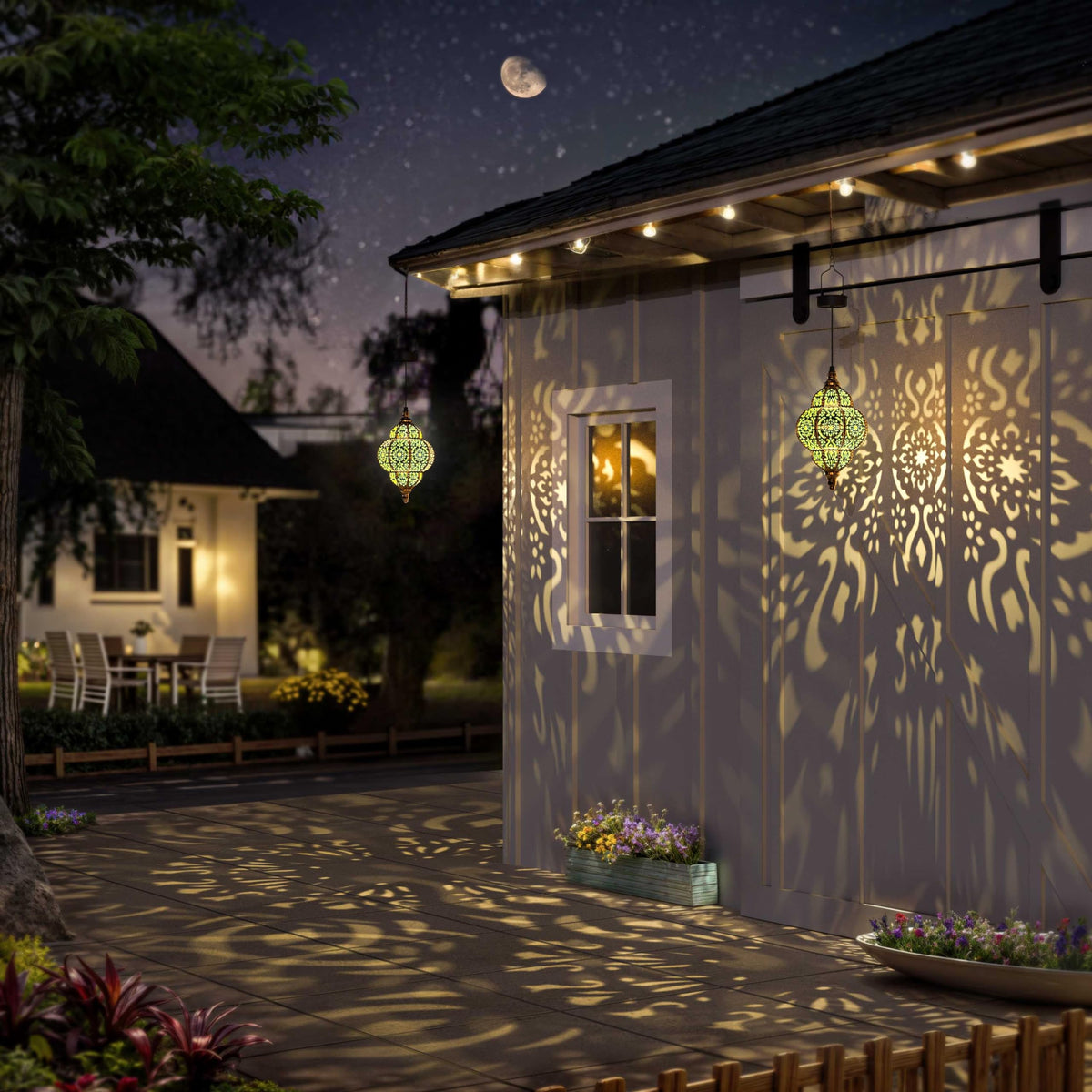 Hapjoy lantern hanging on porch demonstrating versatile placement