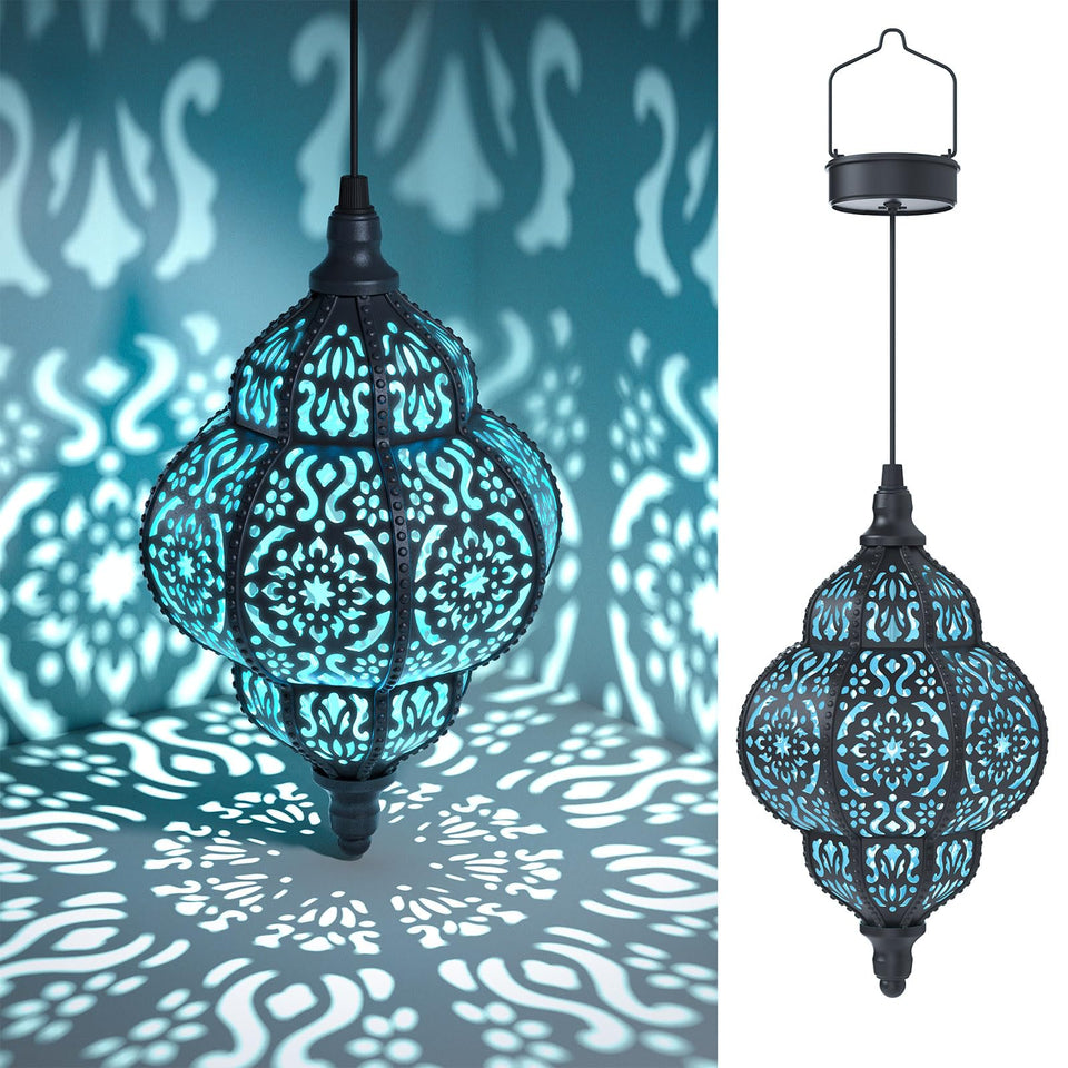Hapjoy hanging solar lantern in black for atmospheric outdoor ambiance.