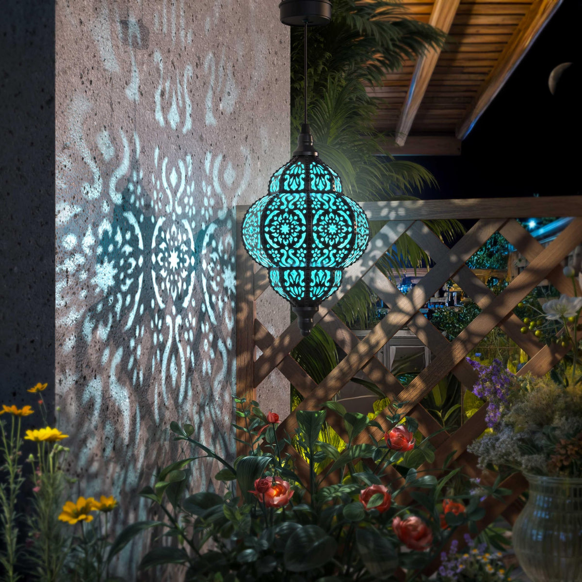 Hapjoy Moroccan-pattern lantern highlights outdoor spaces with soft decorative glow.