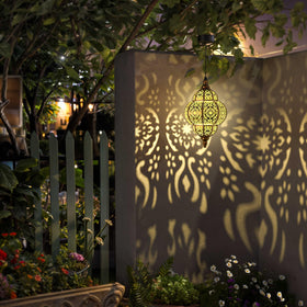 Hapjoy hanging solar lantern close-up pattern detail with warm glow