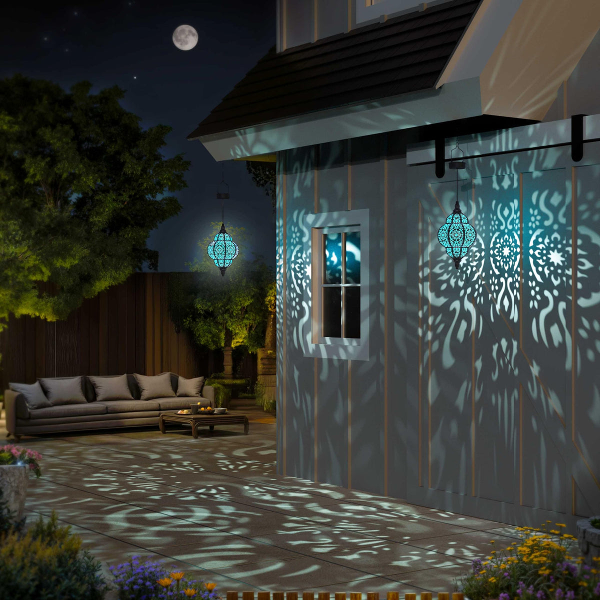 Hapjoy solar-powered lantern auto-on at dusk for convenient outdoor lighting.