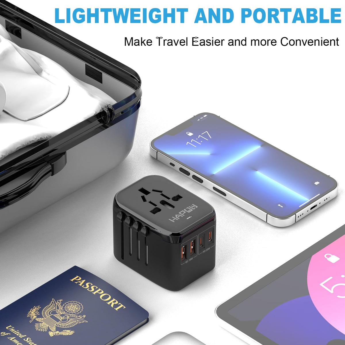 HAPOW travel-ready adapter in use during international trip