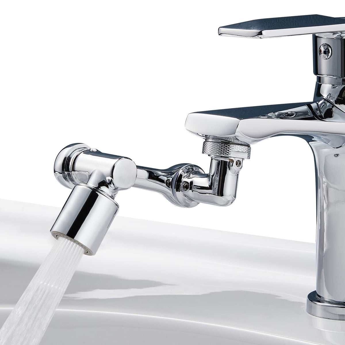HAPPUP 1080° swivel faucet extender installation view showing easy thread attachment