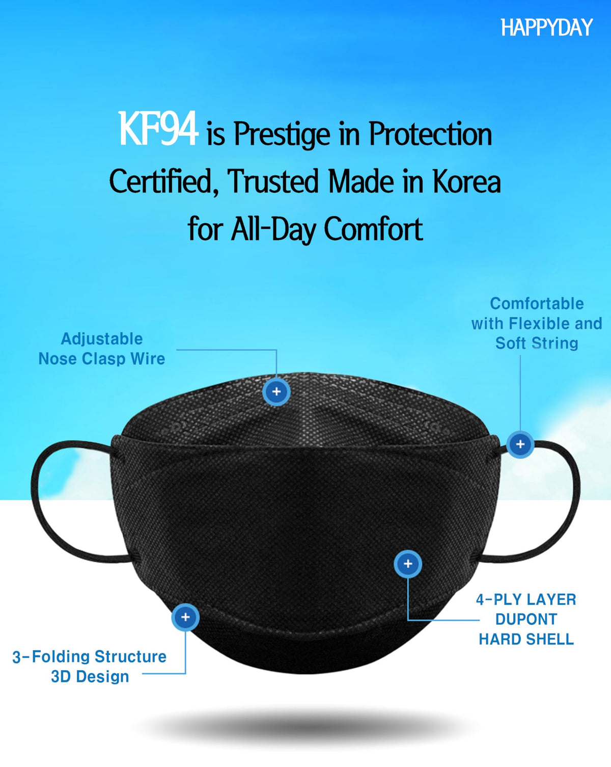 HAPPYDAY KF94 mask large black individually packaged for on-the-go use
