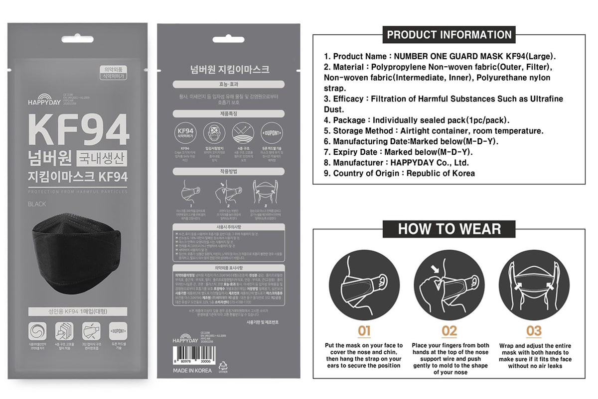 HAPPYDAY KF94 mask large black packaging content ready-to-use