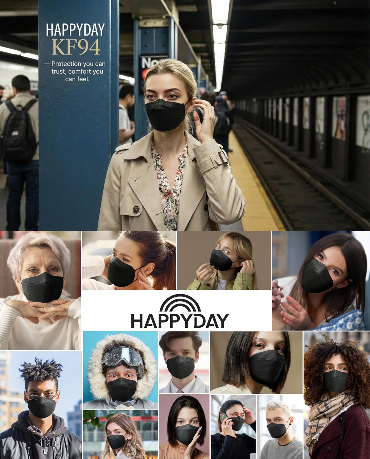 HAPPYDAY KF94 mask large black side view illustrating secure fit and ear loops