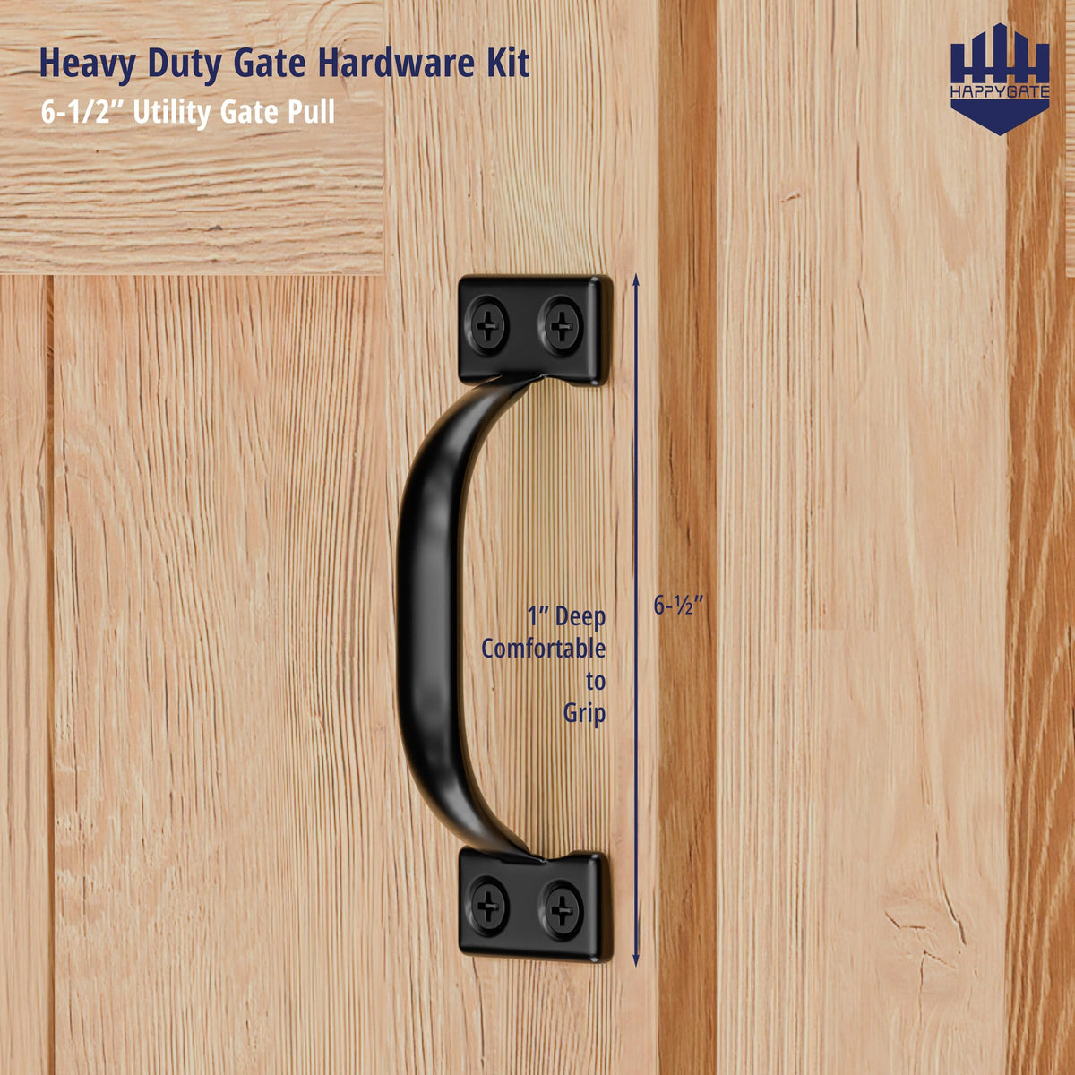 HAPPYGATE black powder-coated finish resists corrosion on outdoor gate hardware