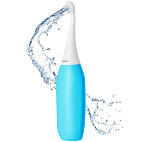 HappyPo Easy-Bidet 2.0 light blue bottle for travel, easy to squeeze for a refreshing cleanse.