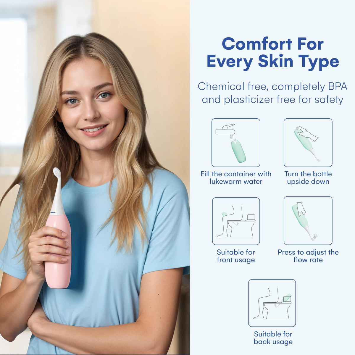 HappyPo easy-grip rose squeeze bidet supports all ages and sensitive skin