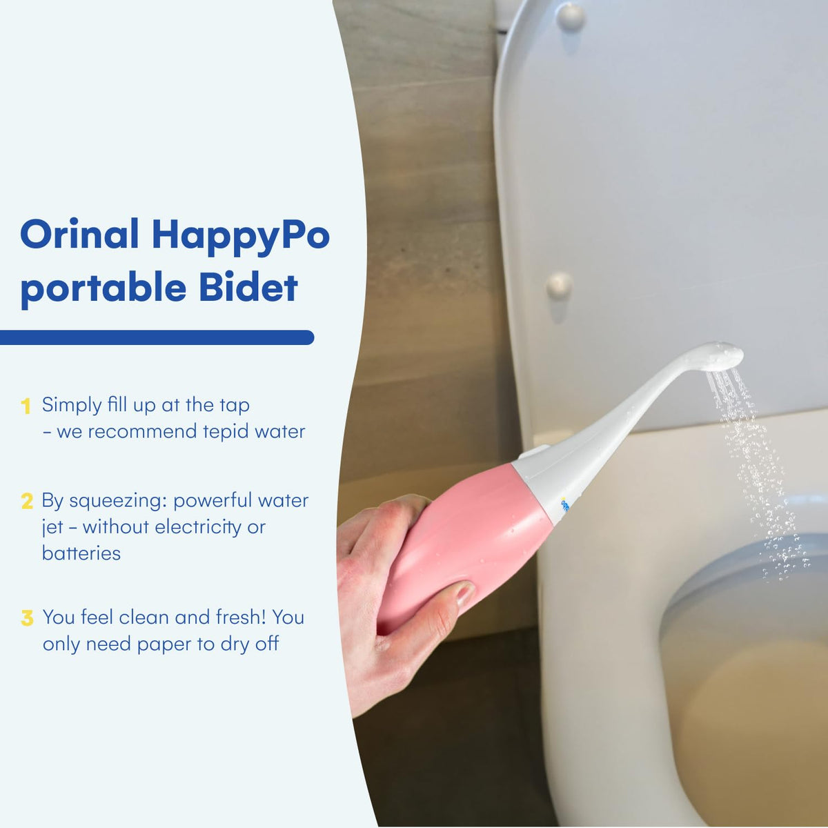 HappyPo handheld bidet rose squeeze-action for gentle cleaning anywhere