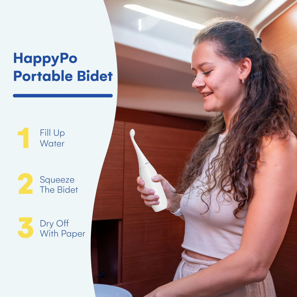 HappyPo portable hygiene bottle tucked in a bag for discreet cleansing.