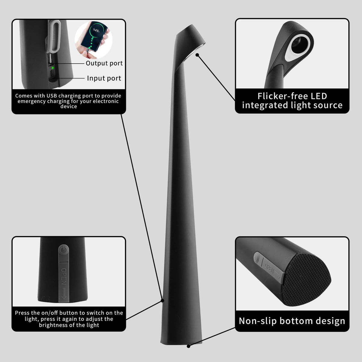 Bedside night light offering soft ambient glow without cords.