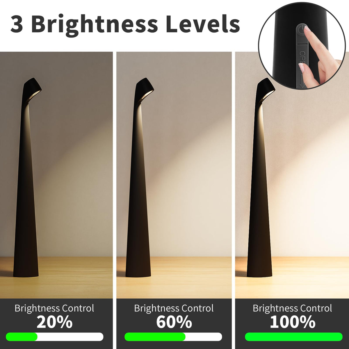 HAPYGI lamp with three brightness levels for customizable illumination.