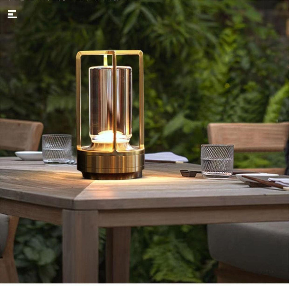 HAPYGI portable metal table lamp in gold front view, a stylish compact nighttime companion.