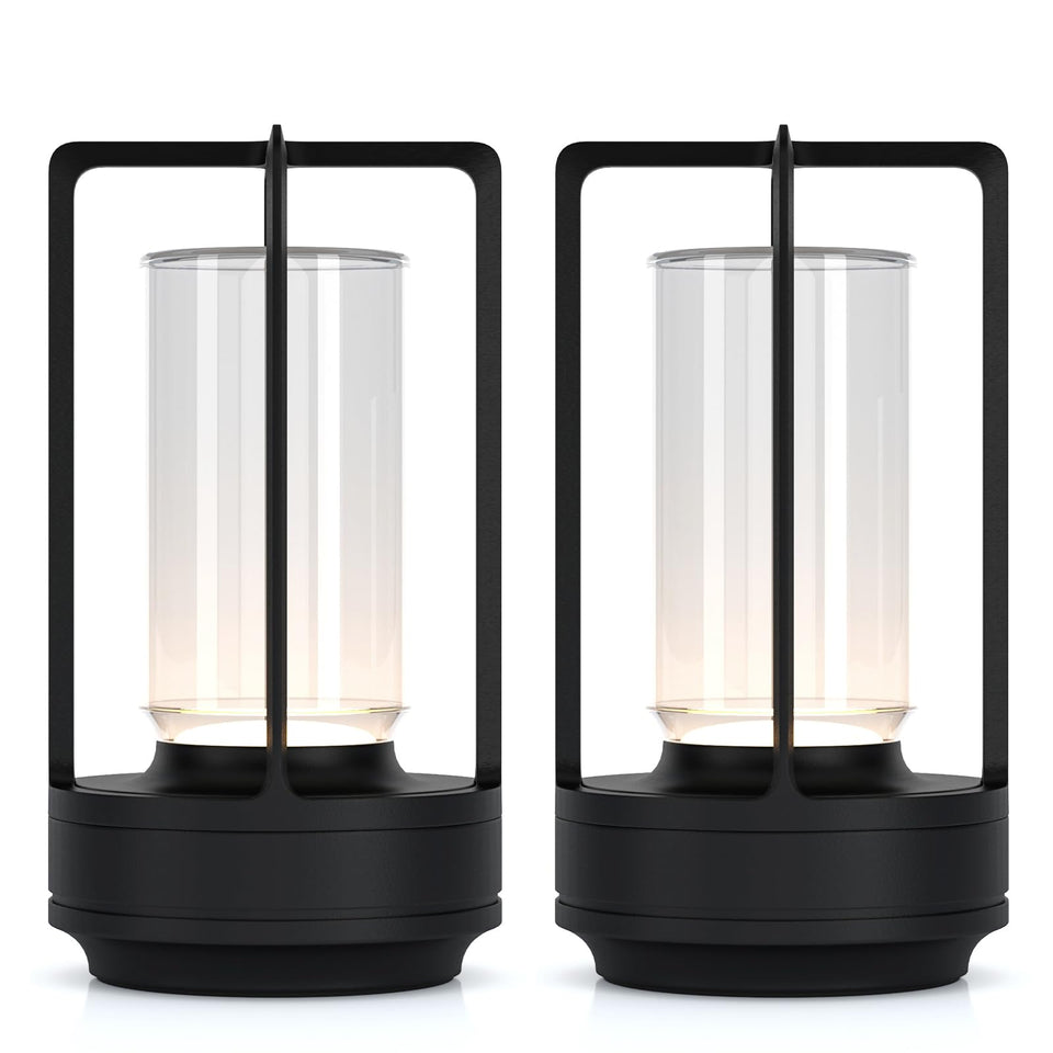 HAPYGI portable metal table lamp in indoor-outdoor setup for versatile ambience.