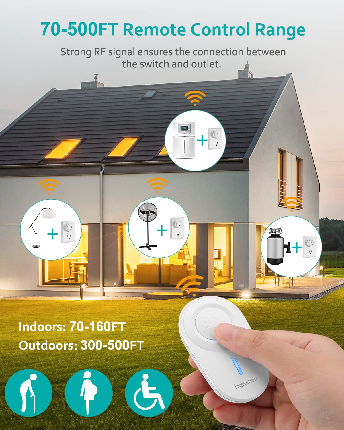 HAPYTHDA remote outlet living room setup for wireless management of lamps and devices.